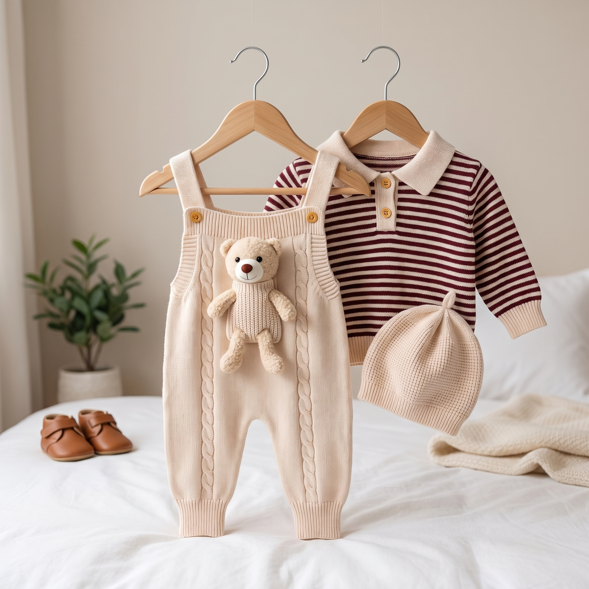 Baby Knit Dungaree Set with Teddy & Sweater Hat – 3 Piece
