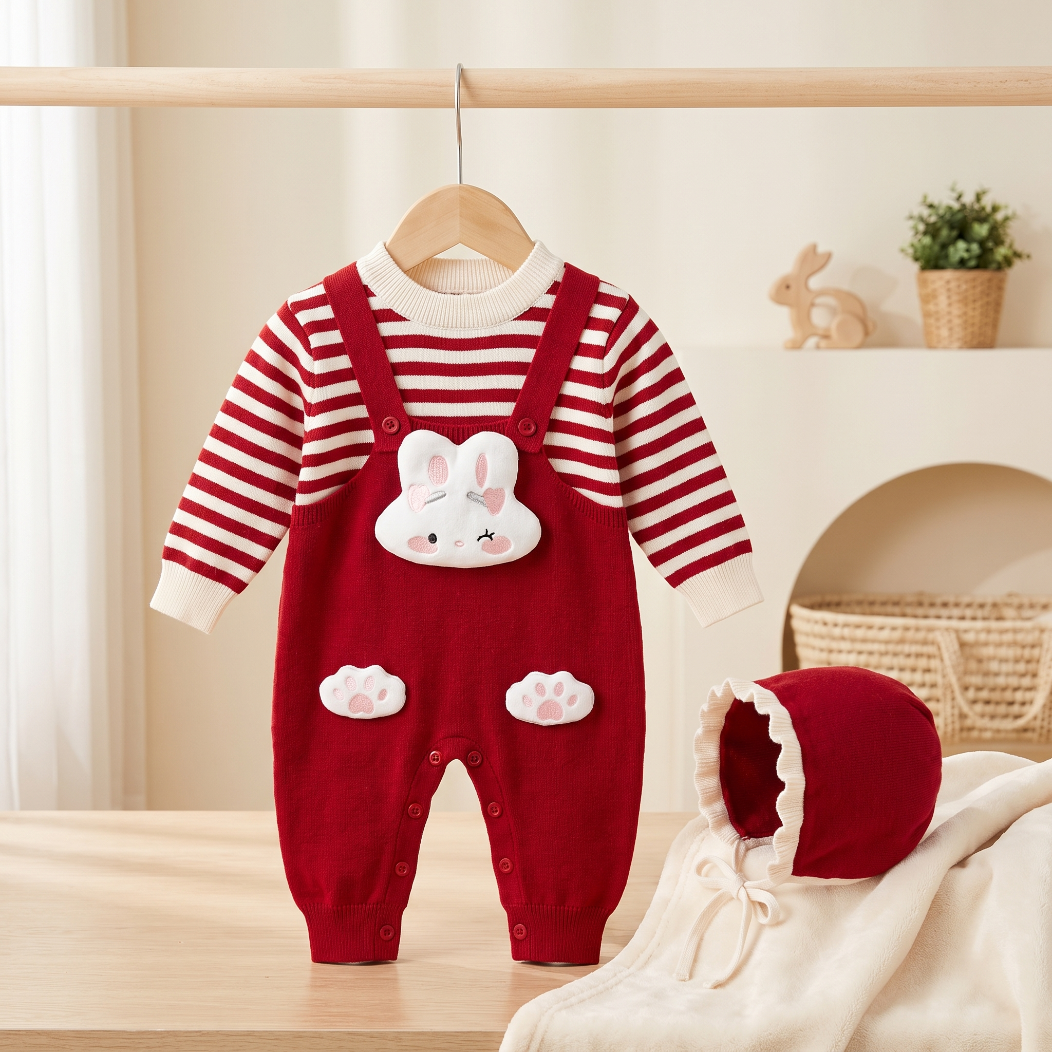 Baby Bunny Knitted Romper Set with Bonnet