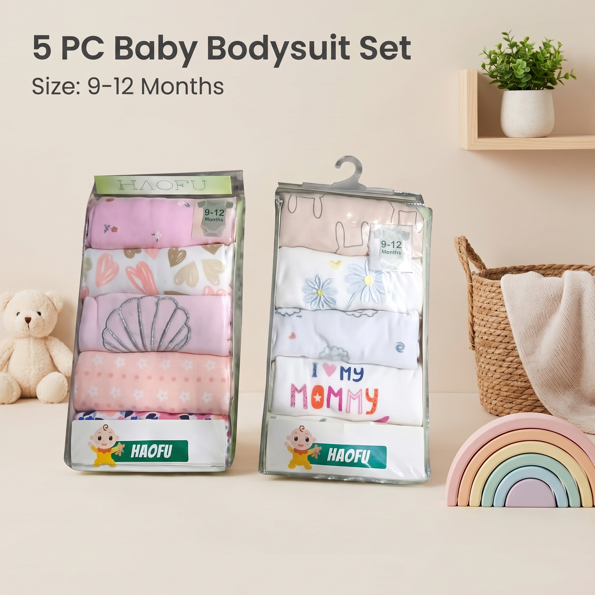 5PC Baby Bodysuit Set (9–12M)