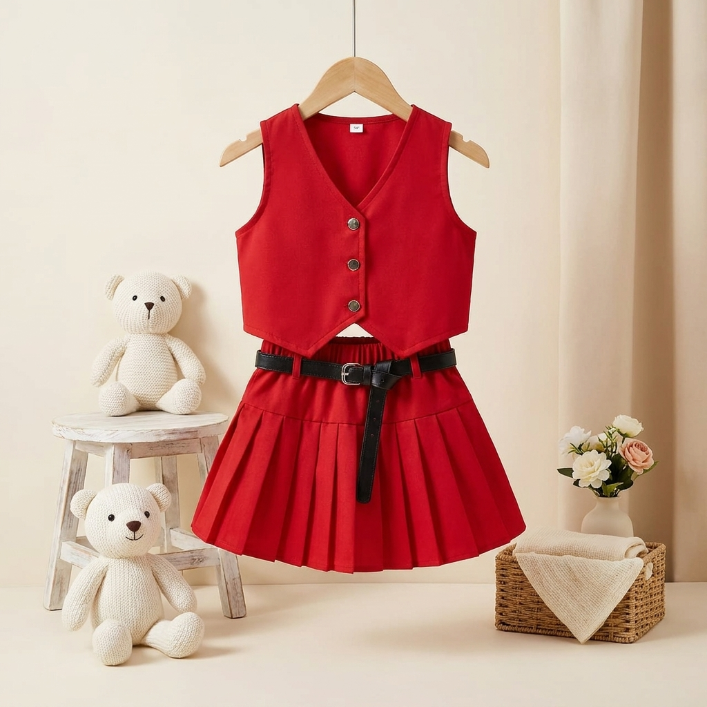 Girls Pleated Skirt & Crop Vest Set with Belt – 2 Piece