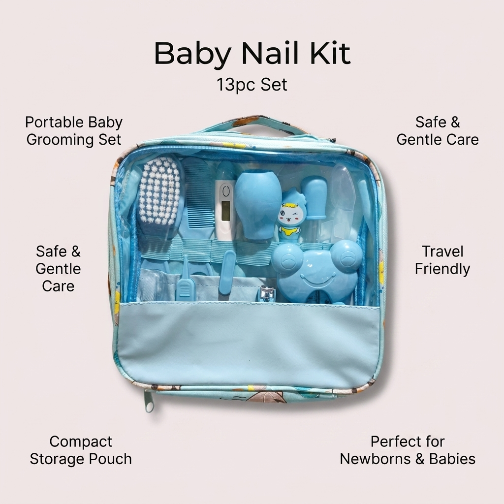 Blue 13-piece baby nail and grooming kit shown open in a compact zip pouch with clear front panel, carry handle and organised care tools.