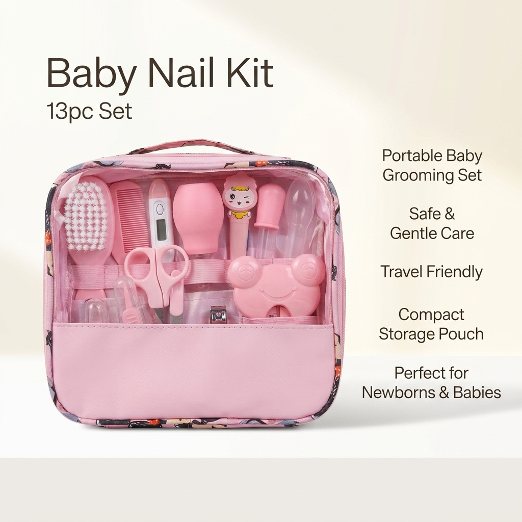 Pink 13-piece baby nail and grooming kit displayed open in a portable zip storage pouch with brush, comb, scissors and bear-shaped accessory.