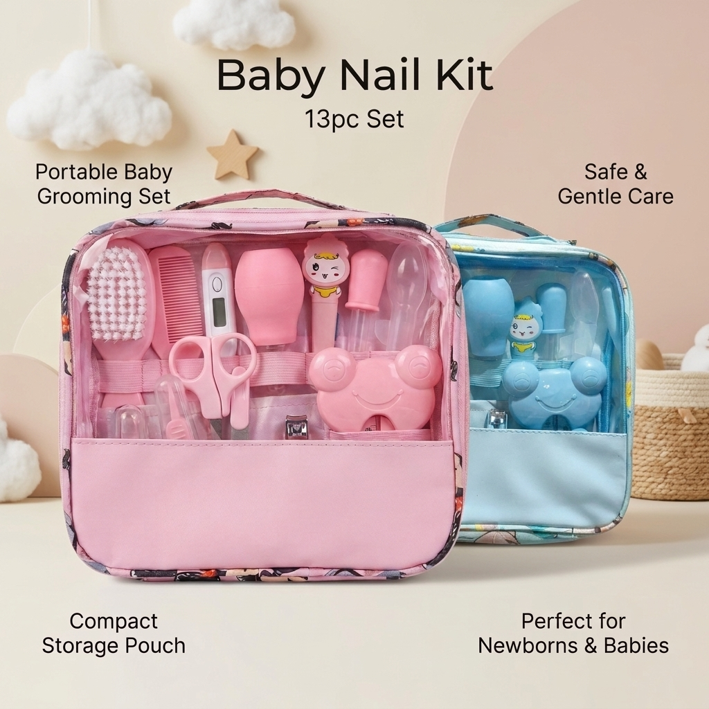 Pink and blue 13-piece baby nail and grooming kits shown together in open travel pouches with transparent fronts and organised newborn care tools.