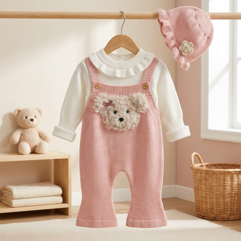 Girls Teddy Knit Dungaree Set with Hat – 3 Piece