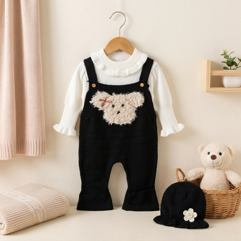 Baby Teddy Knit Dungaree 3-Piece Outfit Set – Black