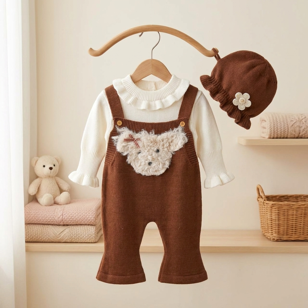 Baby Teddy Knit Dungaree 3-Piece Outfit Set – Brown