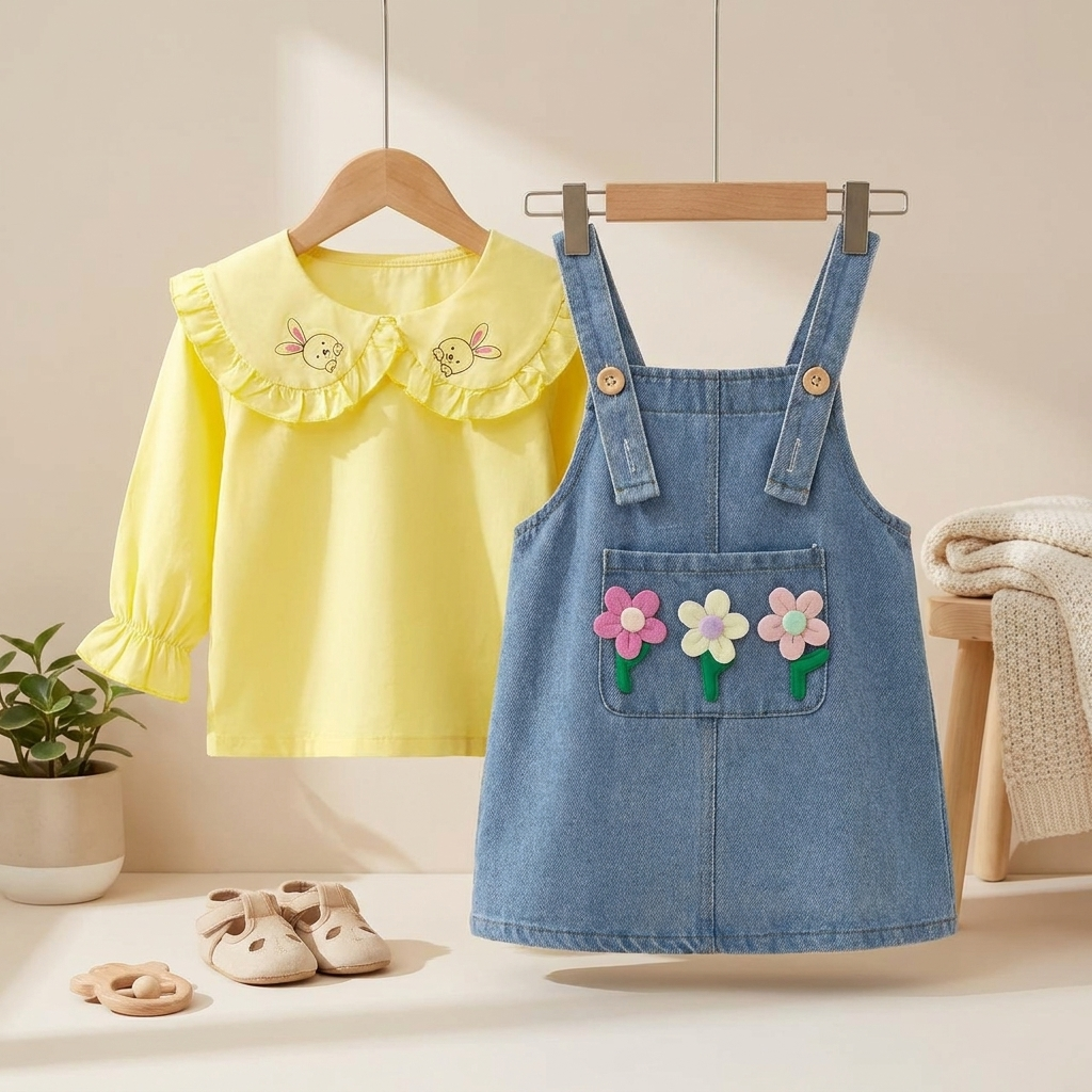 Girls Bunny Collar Denim Pinafore Dress Set