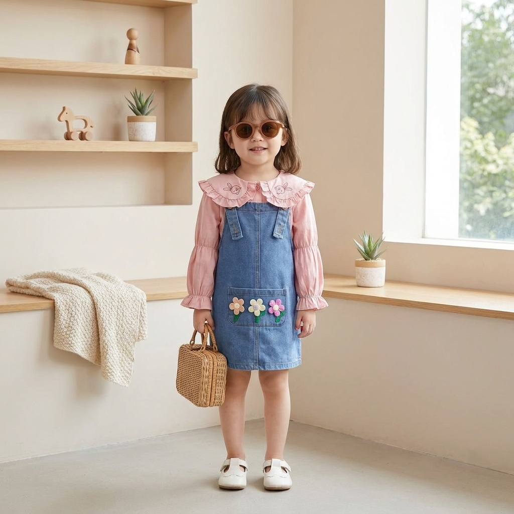 Girls Bunny Collar Denim Pinafore Dress Set
