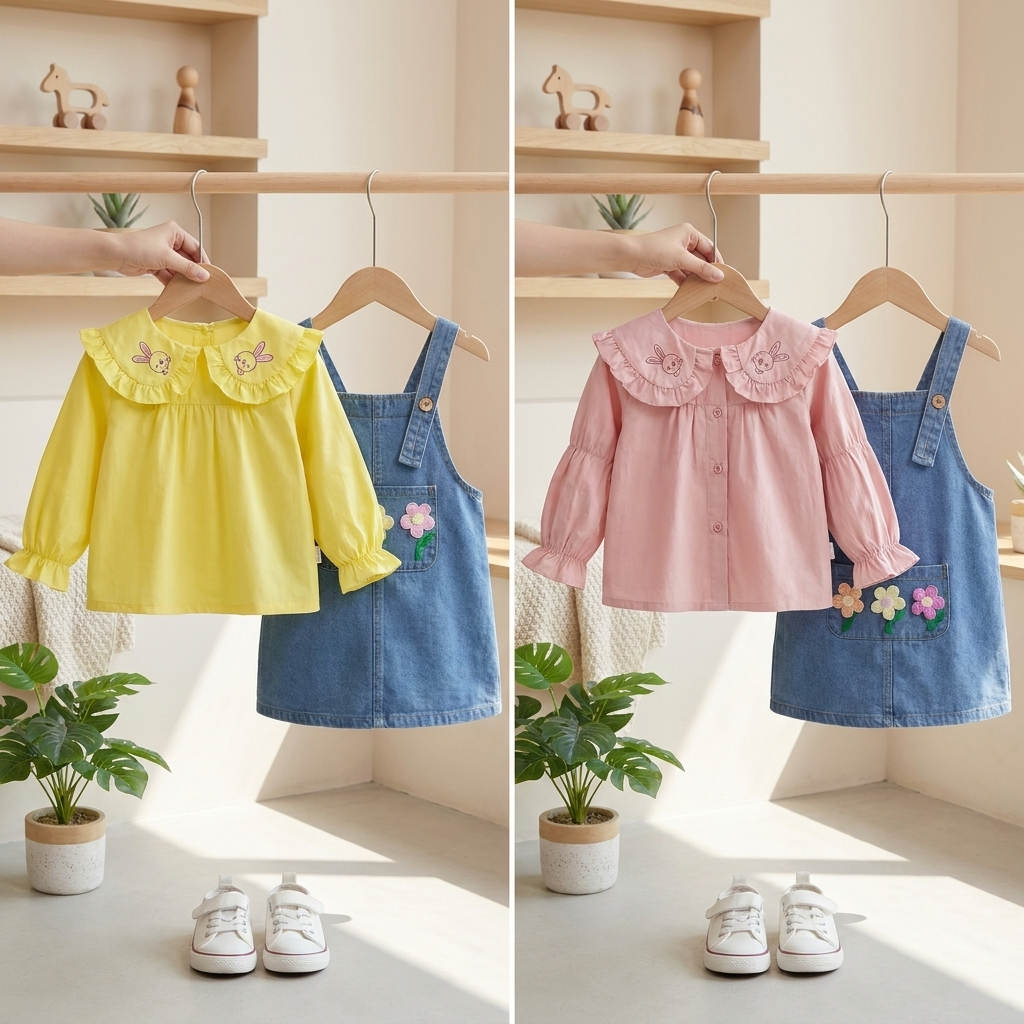 Girls Bunny Collar Denim Pinafore Dress Set