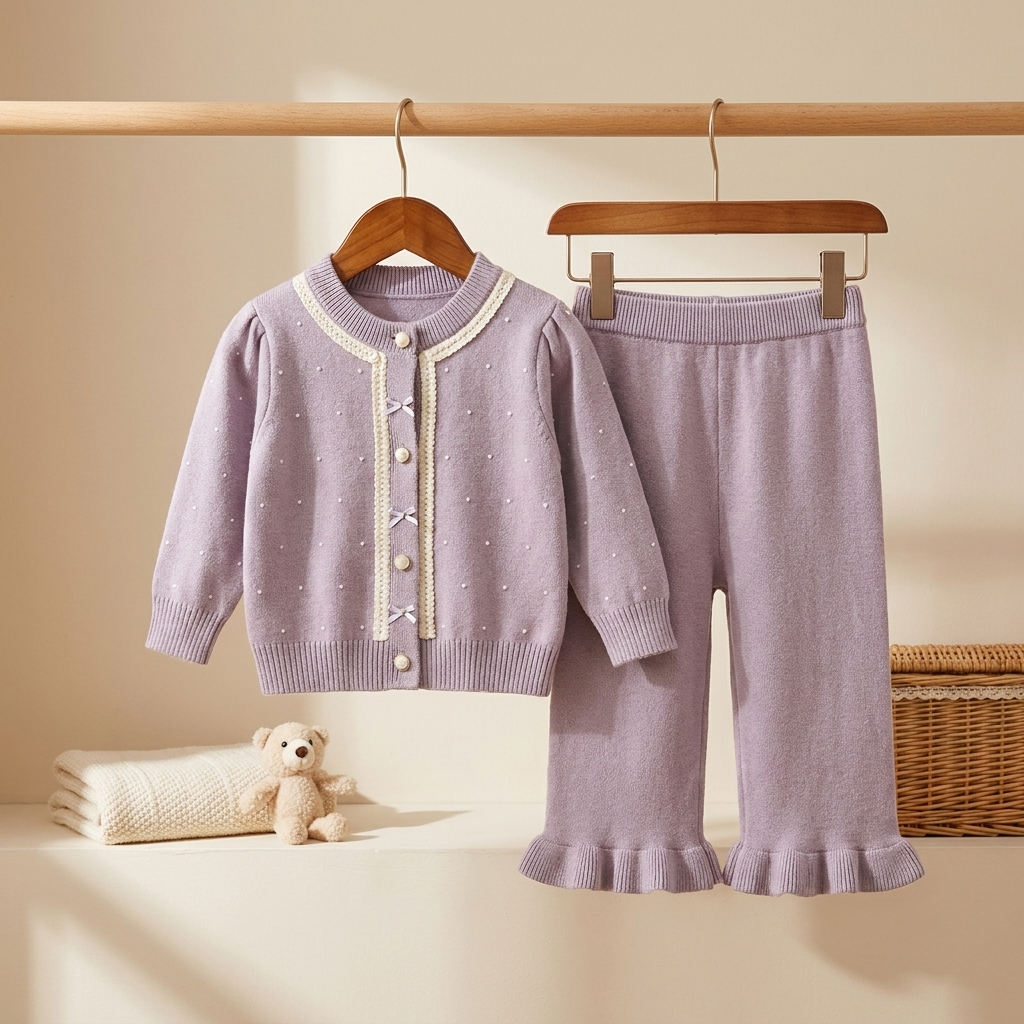 Girls Pearl Knit Cardigan & Ruffle Pants Set – 2 Piece