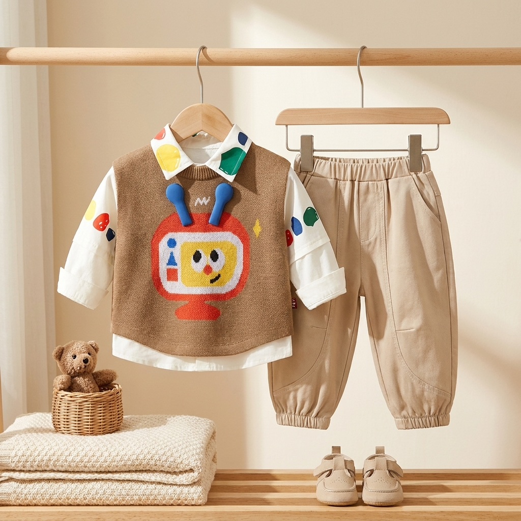 Little Explorer Cartoon Knit Vest 3-Piece Outfit Set