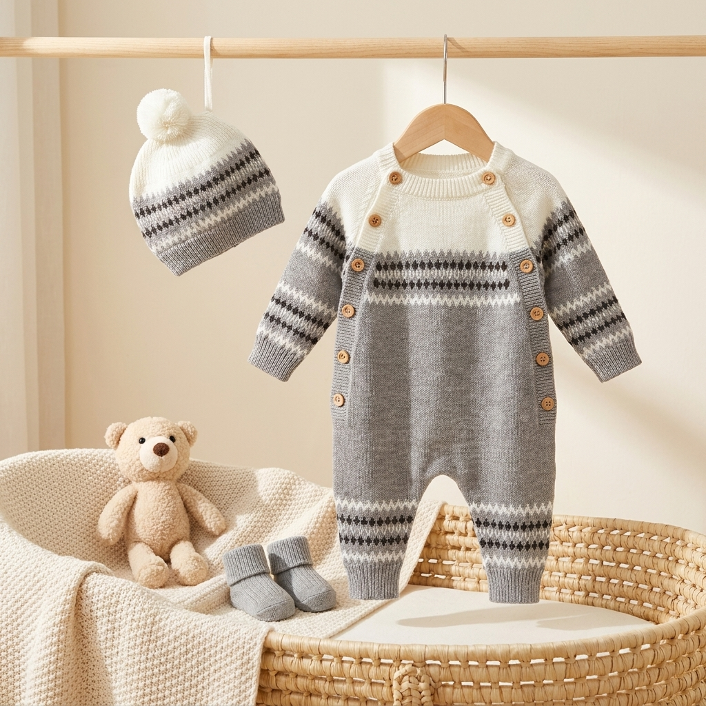 Baby Knit Romper with Pom-Pom Beanie Set