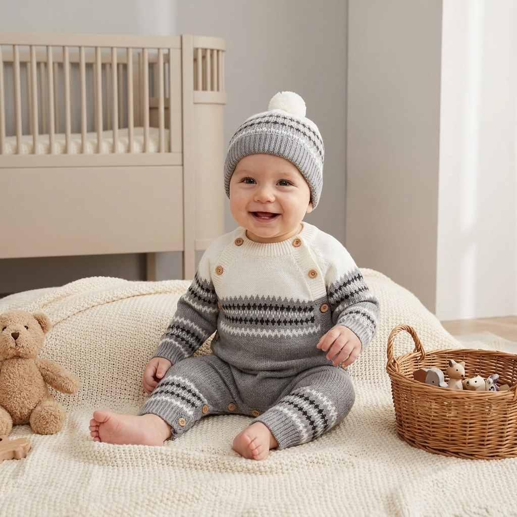Baby Knit Romper with Pom-Pom Beanie Set