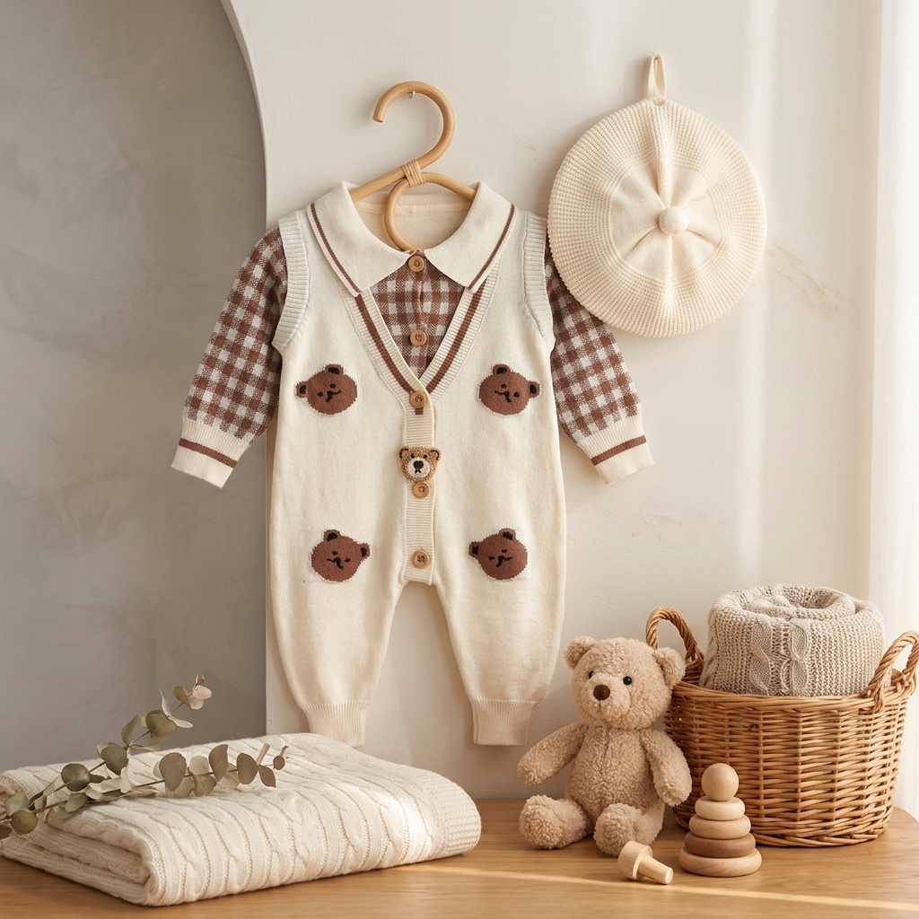 Teddy Knit 2-Piece Baby Romper Set