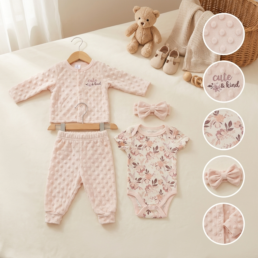 Baby Girls 3-Piece Plush Winter Outfit Set – Floral Bodysuit with Bow Headband (Pink)