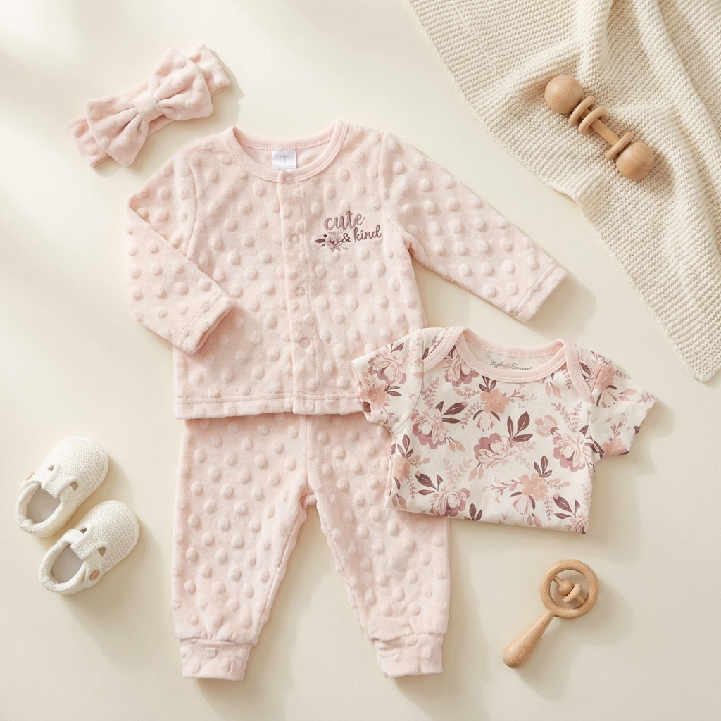 Baby Girls 3-Piece Plush Winter Outfit Set – Floral Bodysuit with Bow Headband (Pink)