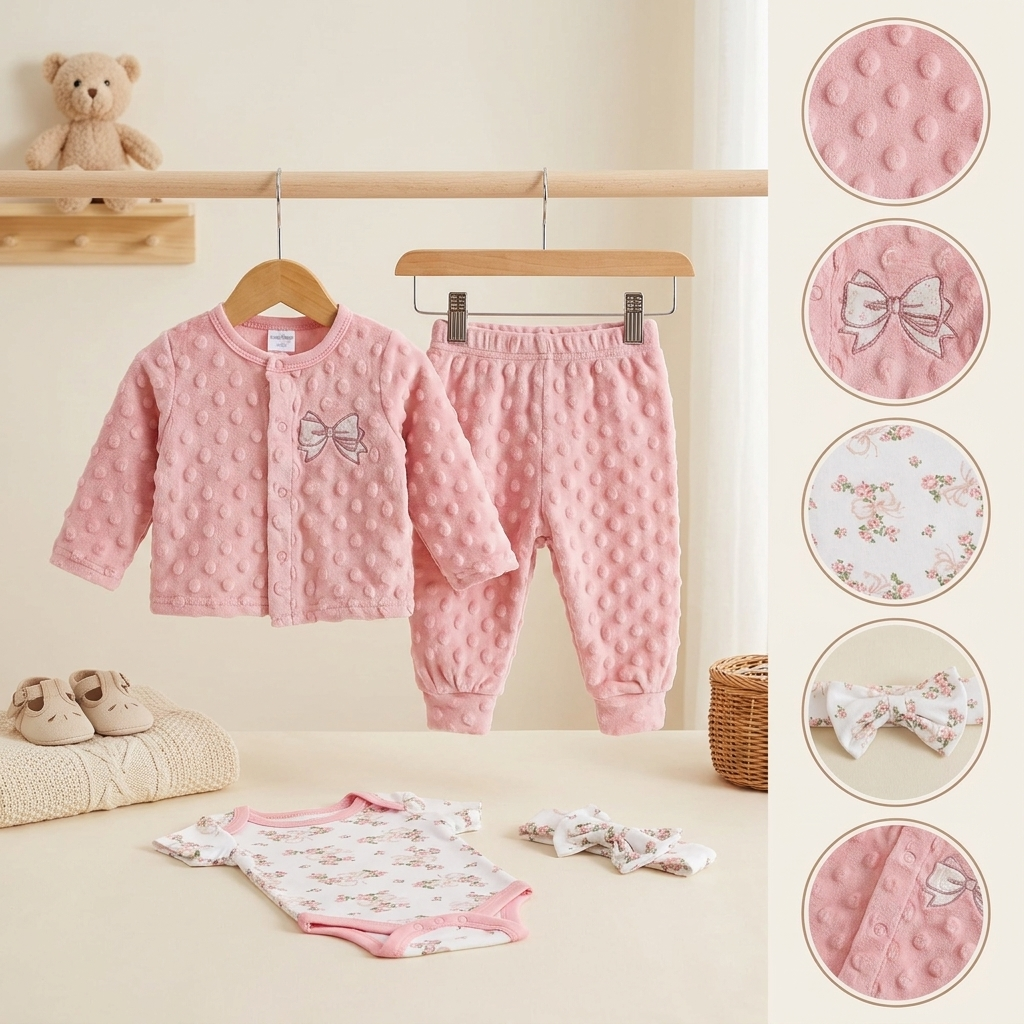 Baby Girls 4-Piece Plush Winter Outfit Set – Floral Bodysuit with Bow Headband (Pink)