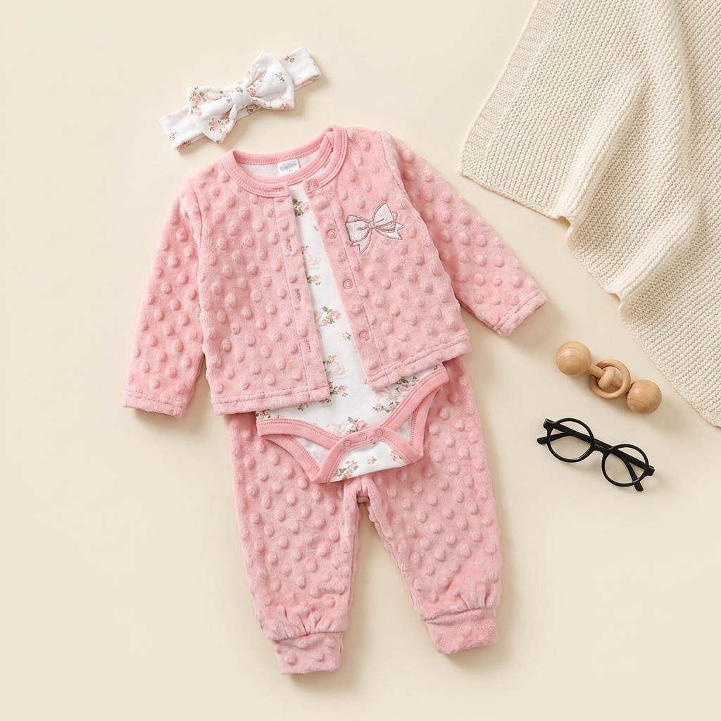 Baby Girls 4-Piece Plush Winter Outfit Set – Floral Bodysuit with Bow Headband (Pink)