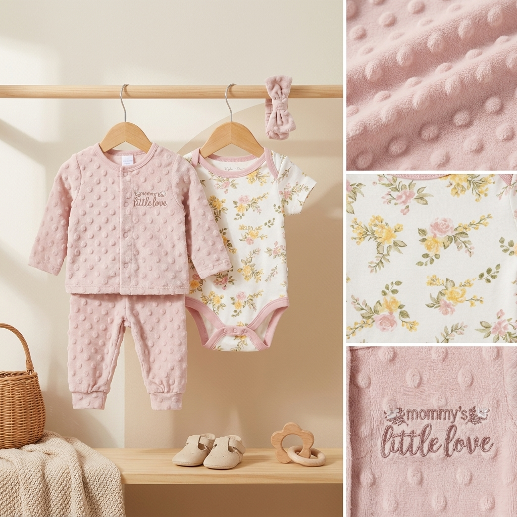 Baby Girls 3-Piece Plush Winter Outfit Set – Floral Bodysuit (Blush Pink)