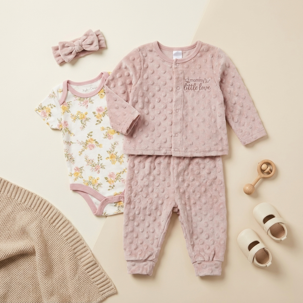 Baby Girls 3-Piece Plush Winter Outfit Set – Floral Bodysuit (Blush Pink)
