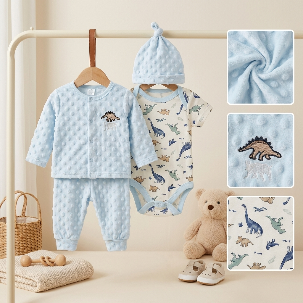 Baby Boys 4-Piece Plush Winter Outfit Set – Dinosaur Bodysuit with Hat (Sky Blue)