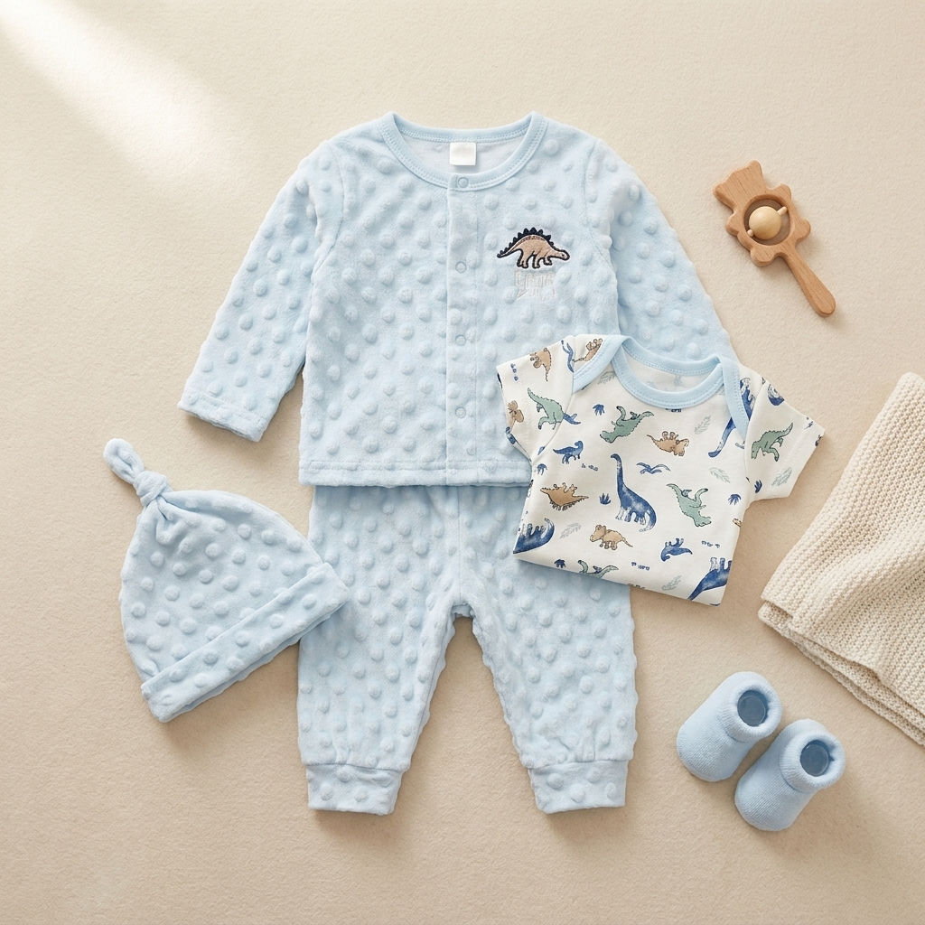 Baby Boys 4-Piece Plush Winter Outfit Set – Dinosaur Bodysuit with Hat (Sky Blue)