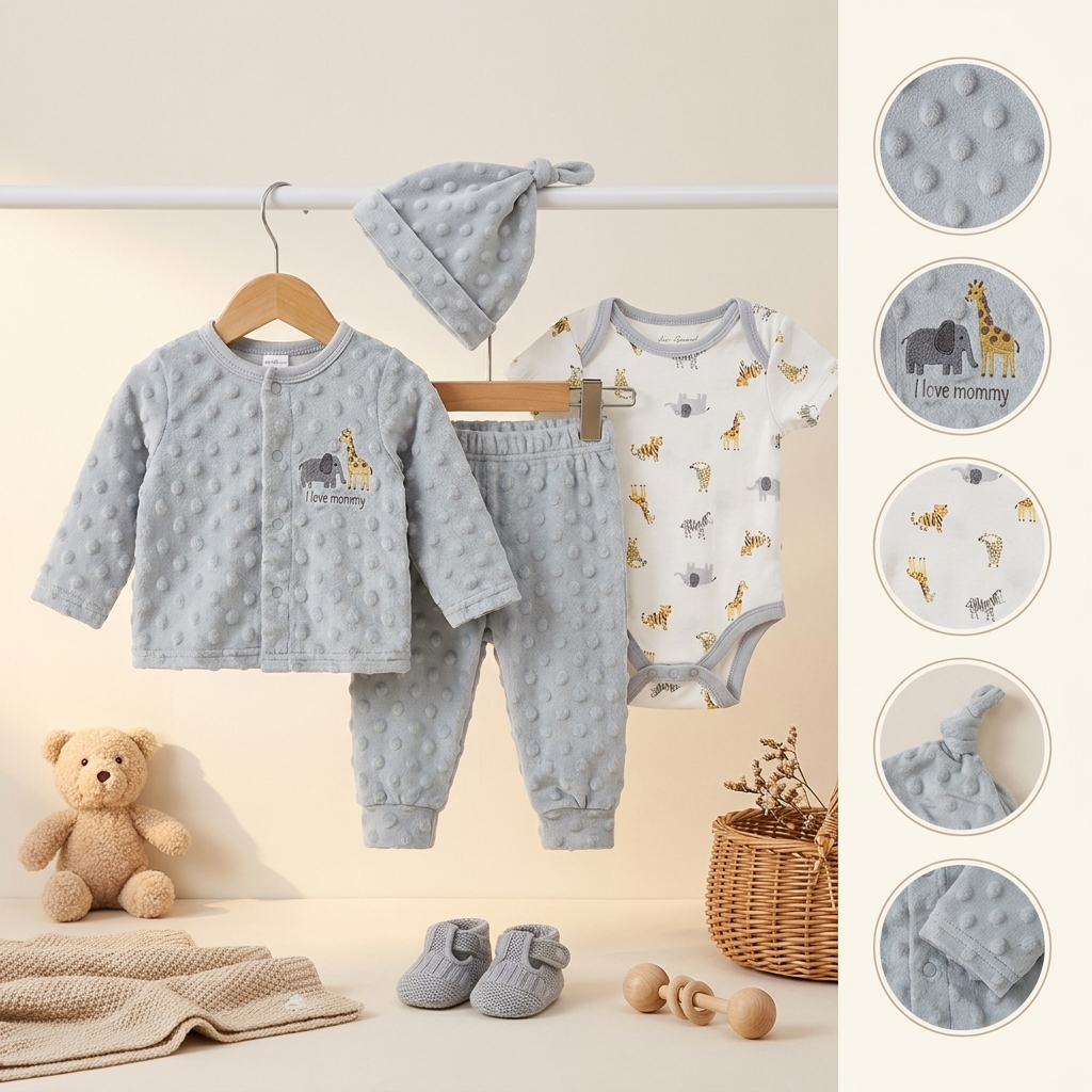 Baby Unisex 4-Piece Plush Winter Outfit Set – Safari Bodysuit with Hat (Light Grey)