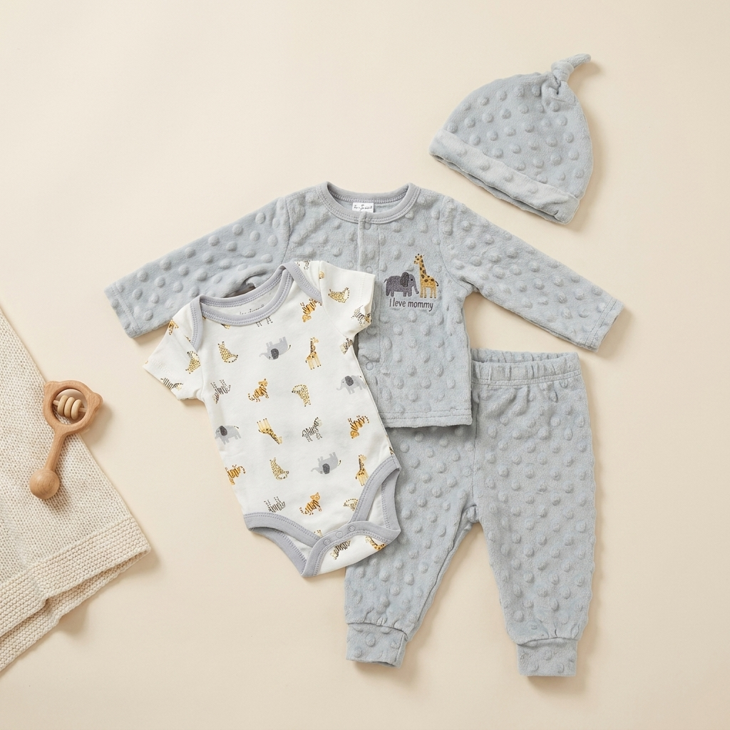 Baby Unisex 4-Piece Plush Winter Outfit Set – Safari Bodysuit with Hat (Light Grey)