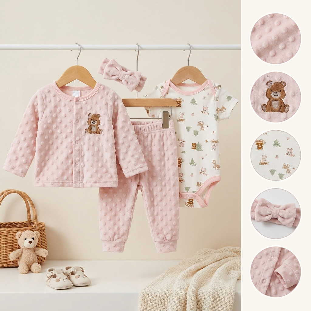 Baby Girls 3-Piece Plush Winter Outfit Set – Teddy Bodysuit with Bow Headband (Blush Pink)