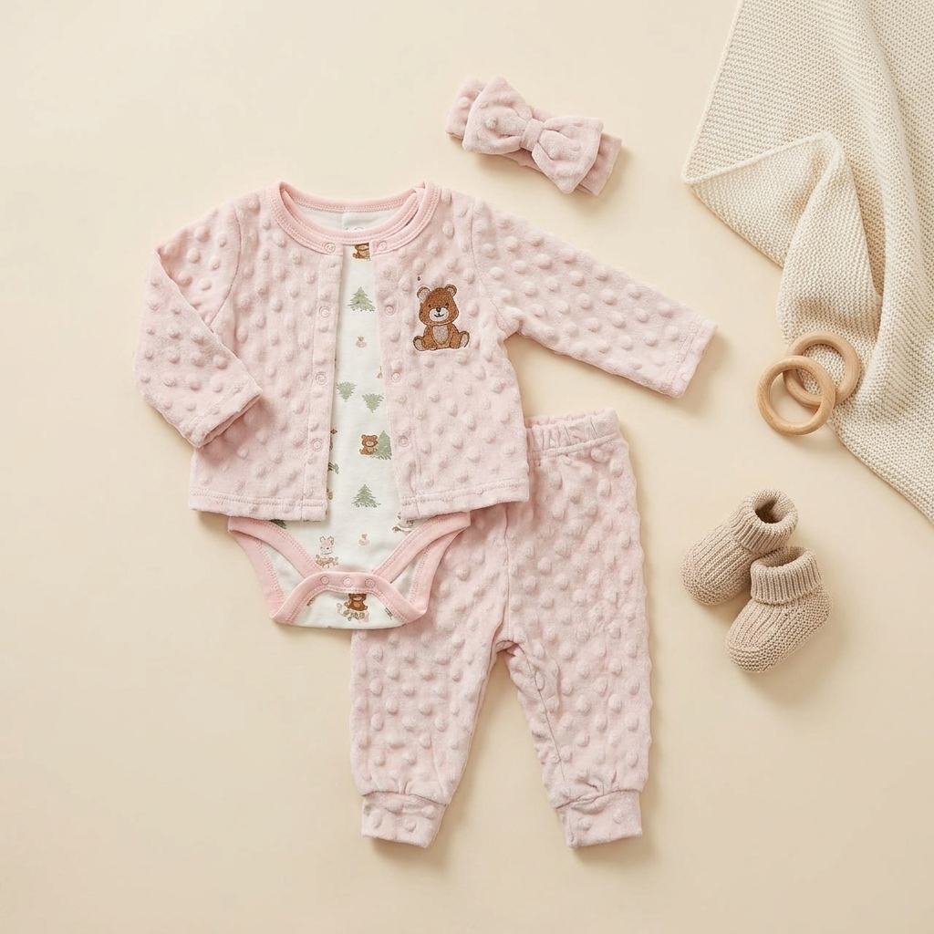 Baby Girls 3-Piece Plush Winter Outfit Set – Teddy Bodysuit with Bow Headband (Blush Pink)