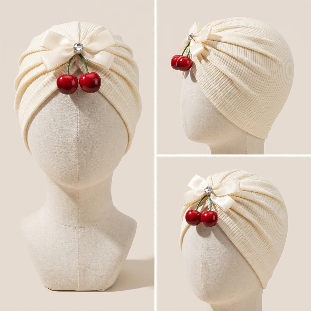 Baby Girls Cherry Bow Ribbed Turban Cap – Soft Stretch Head Wrap (5 Colors)