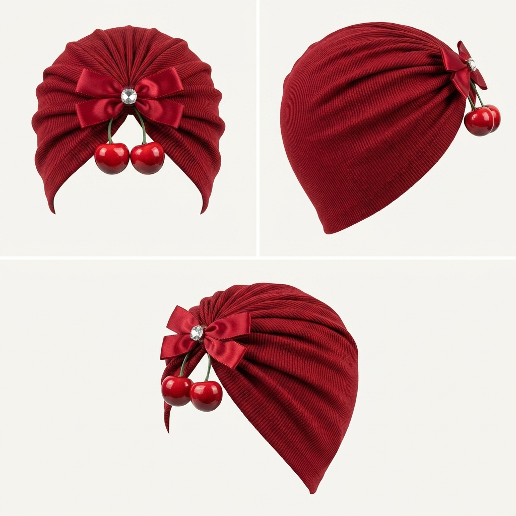 Baby Girls Cherry Bow Ribbed Turban Cap – Soft Stretch Head Wrap (5 Colors)
