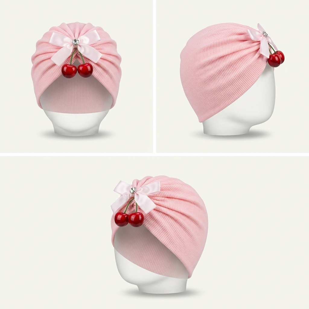 Baby Girls Cherry Bow Ribbed Turban Cap – Soft Stretch Head Wrap (5 Colors)
