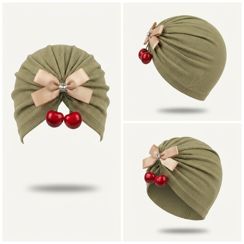 Baby Girls Cherry Bow Ribbed Turban Cap – Soft Stretch Head Wrap (5 Colors)