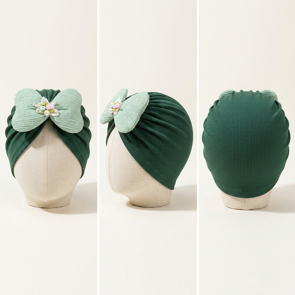 Baby Girls Floral Bow Ribbed Turban Cap – Soft Stretch Head Wrap (6 Colors)
