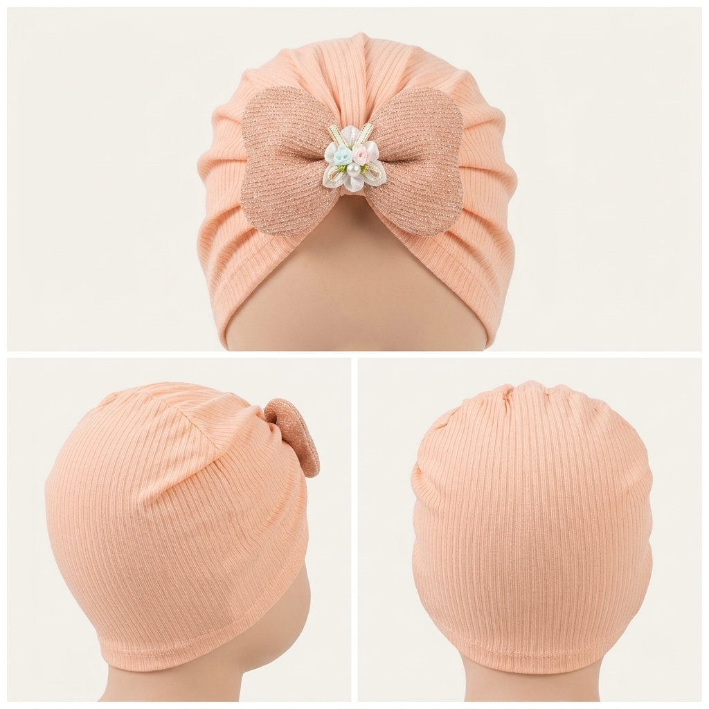 Baby Girls Floral Bow Ribbed Turban Cap – Soft Stretch Head Wrap (6 Colors)