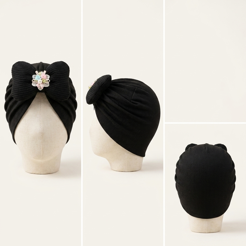 Baby Girls Floral Bow Ribbed Turban Cap – Soft Stretch Head Wrap (6 Colors)