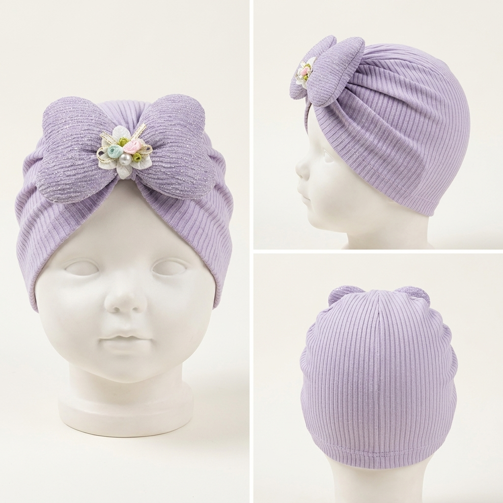Baby Girls Floral Bow Ribbed Turban Cap – Soft Stretch Head Wrap (6 Colors)