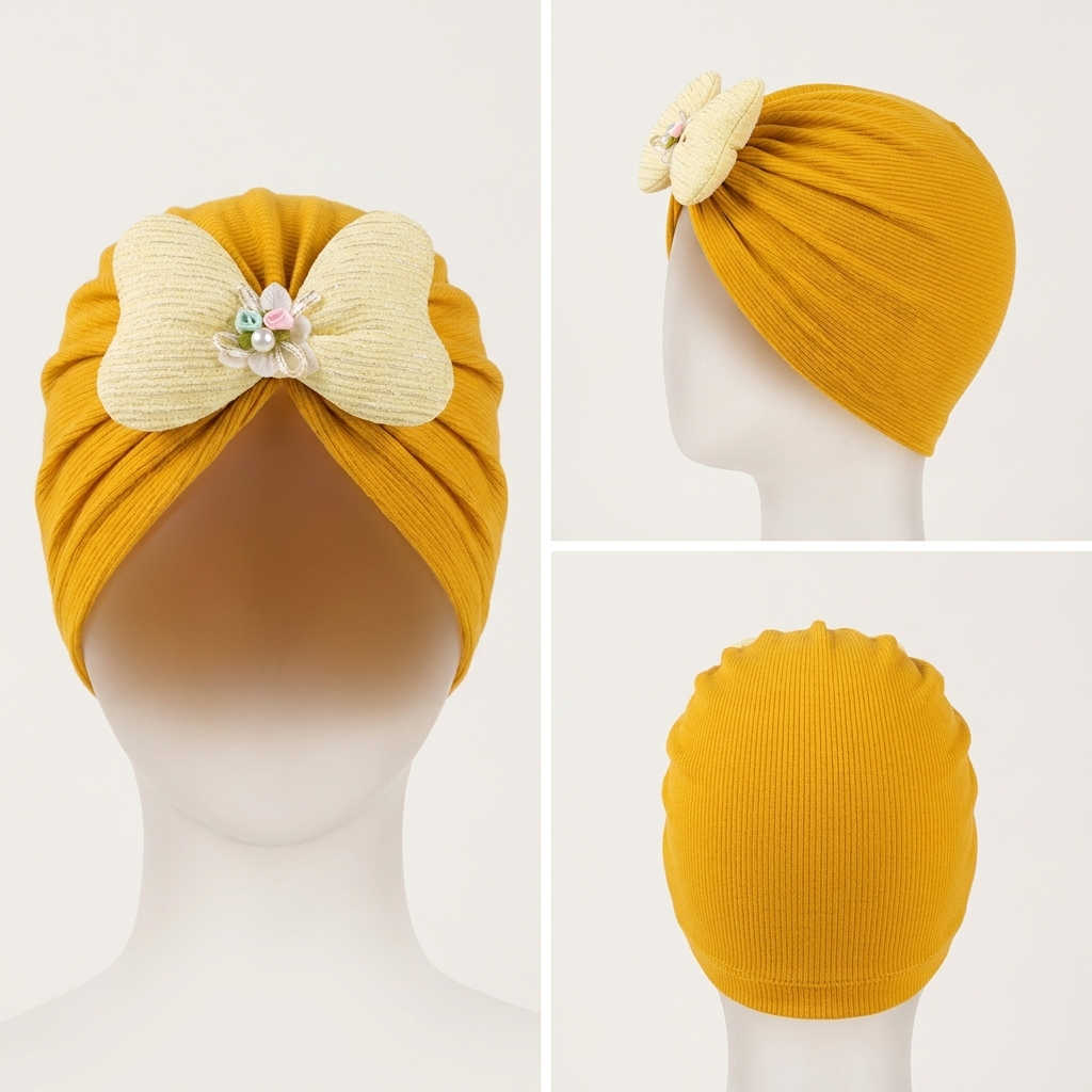 Baby Girls Floral Bow Ribbed Turban Cap – Soft Stretch Head Wrap (6 Colors)