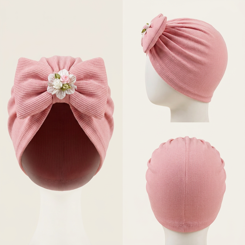 Baby Girls Floral Bow Ribbed Turban Cap – Soft Stretch Head Wrap (6 Colors)