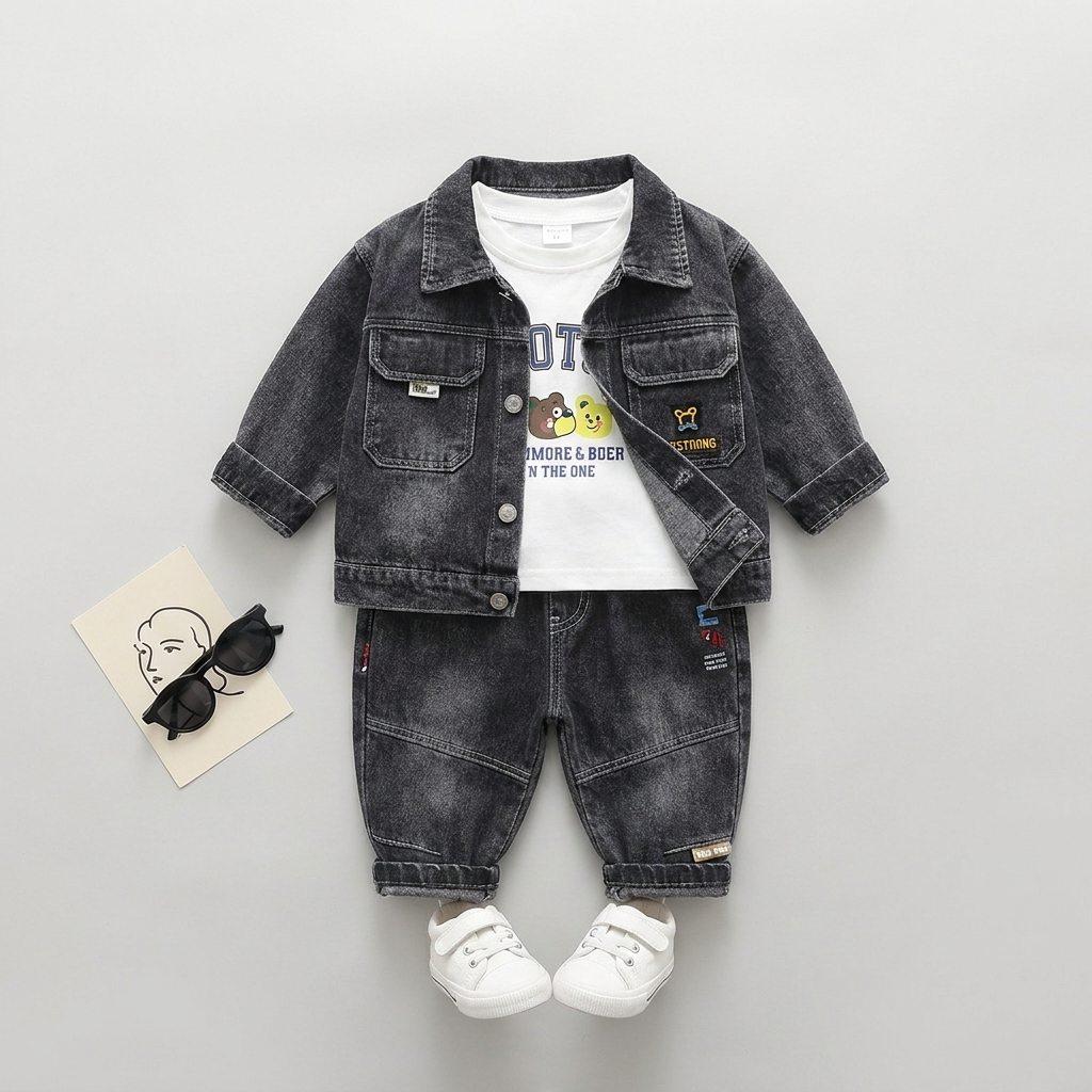 3-Piece Boys Denim Jacket Set – Jacket, T-Shirt & Jeans ( BLACK )