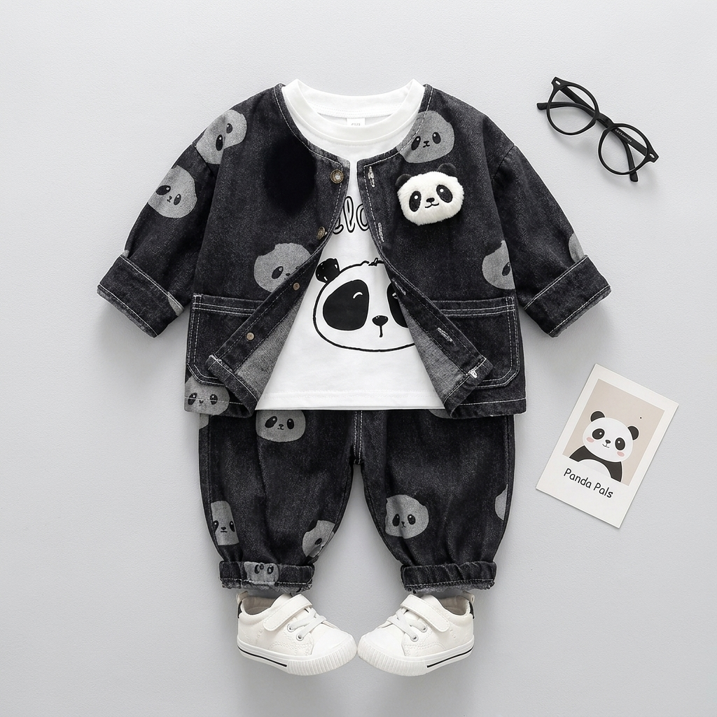 3-Piece Boys Panda Denim Outfit Set – Jacket, T-Shirt & Jeans (BLACK )
