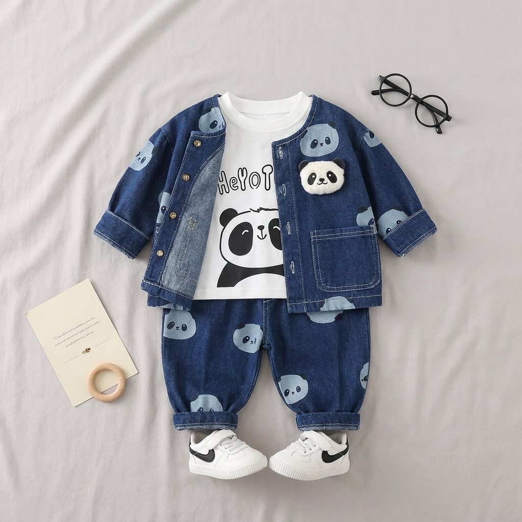 3-Piece Boys Blue Panda Denim Outfit Set – Jacket, T-Shirt & Jeans (BLUE)