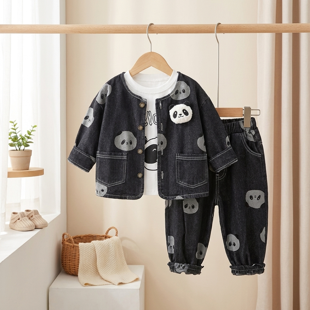 3-Piece Boys Panda Denim Outfit Set – Jacket, T-Shirt & Jeans (BLACK )
