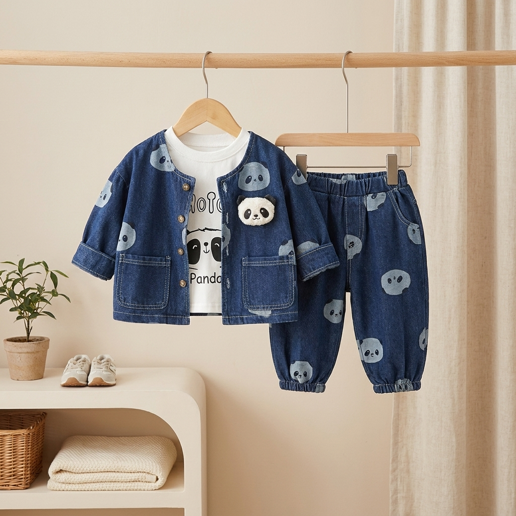 3-Piece Boys Blue Panda Denim Outfit Set – Jacket, T-Shirt & Jeans (BLUE)