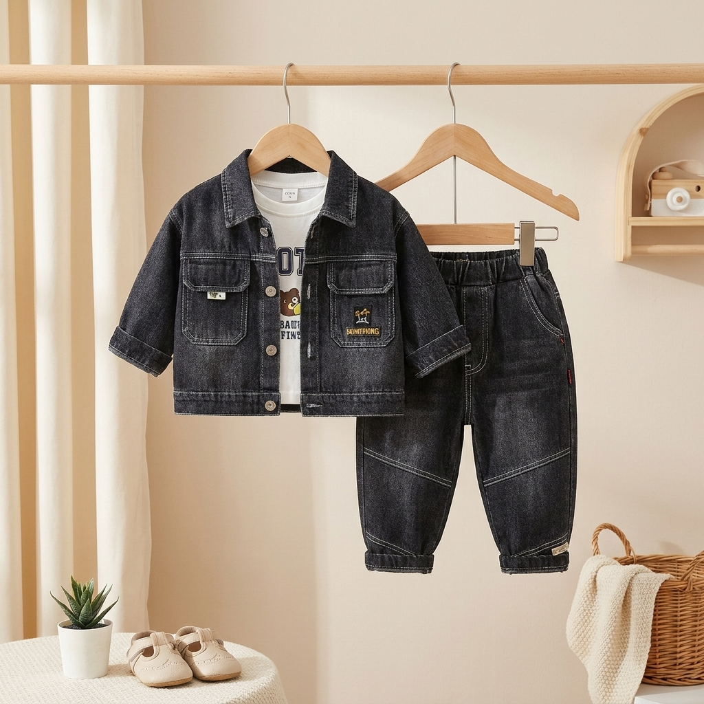3-Piece Boys Denim Jacket Set – Jacket, T-Shirt & Jeans ( BLACK )
