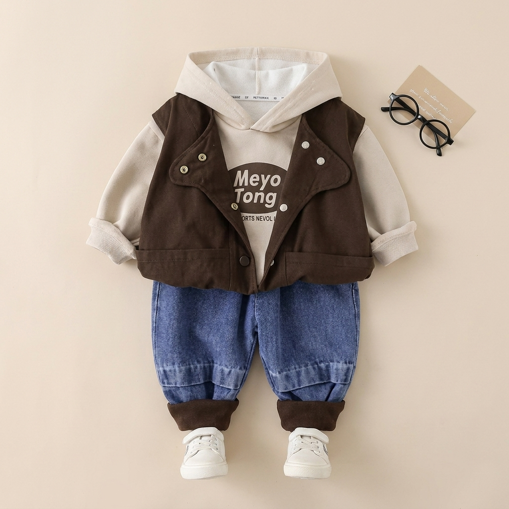 3-Piece Boys Hooded Vest Outfit Set – Hoodie, Puffer Vest & Denim Joggers