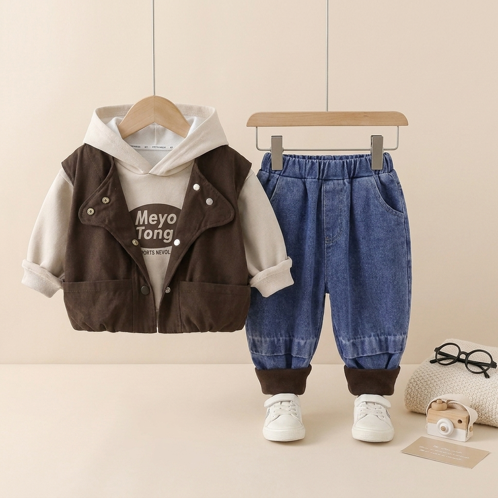 3-Piece Boys Hooded Vest Outfit Set – Hoodie, Puffer Vest & Denim Joggers