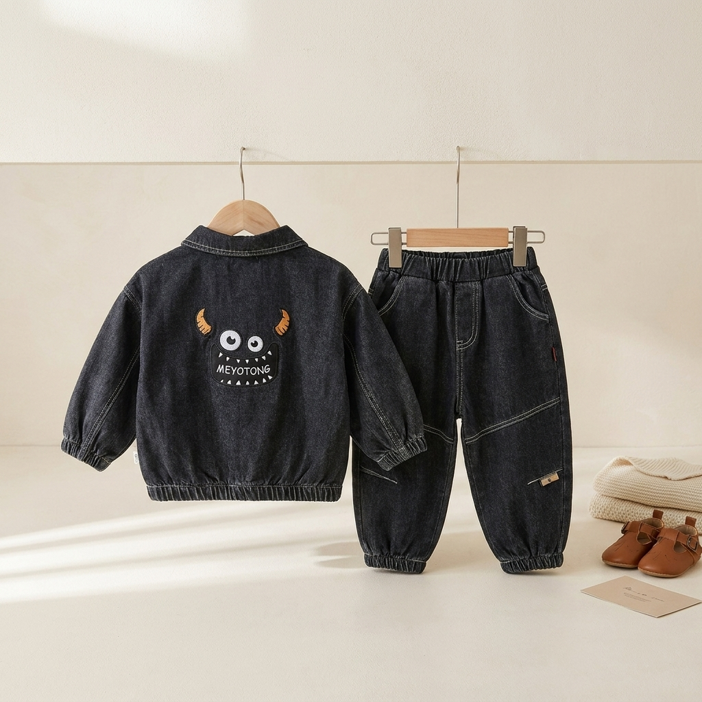 3-Piece Boys Denim Jacket Set – Jacket, T-Shirt & Jeans ( BLACK )