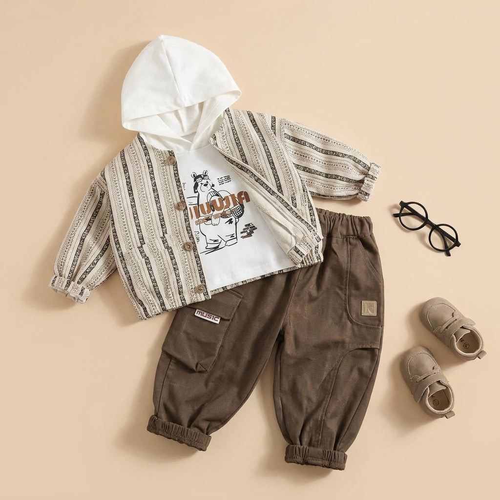 3-Piece Boys Hooded Casual Outfit Set – Hoodie, Striped Jacket & Pants